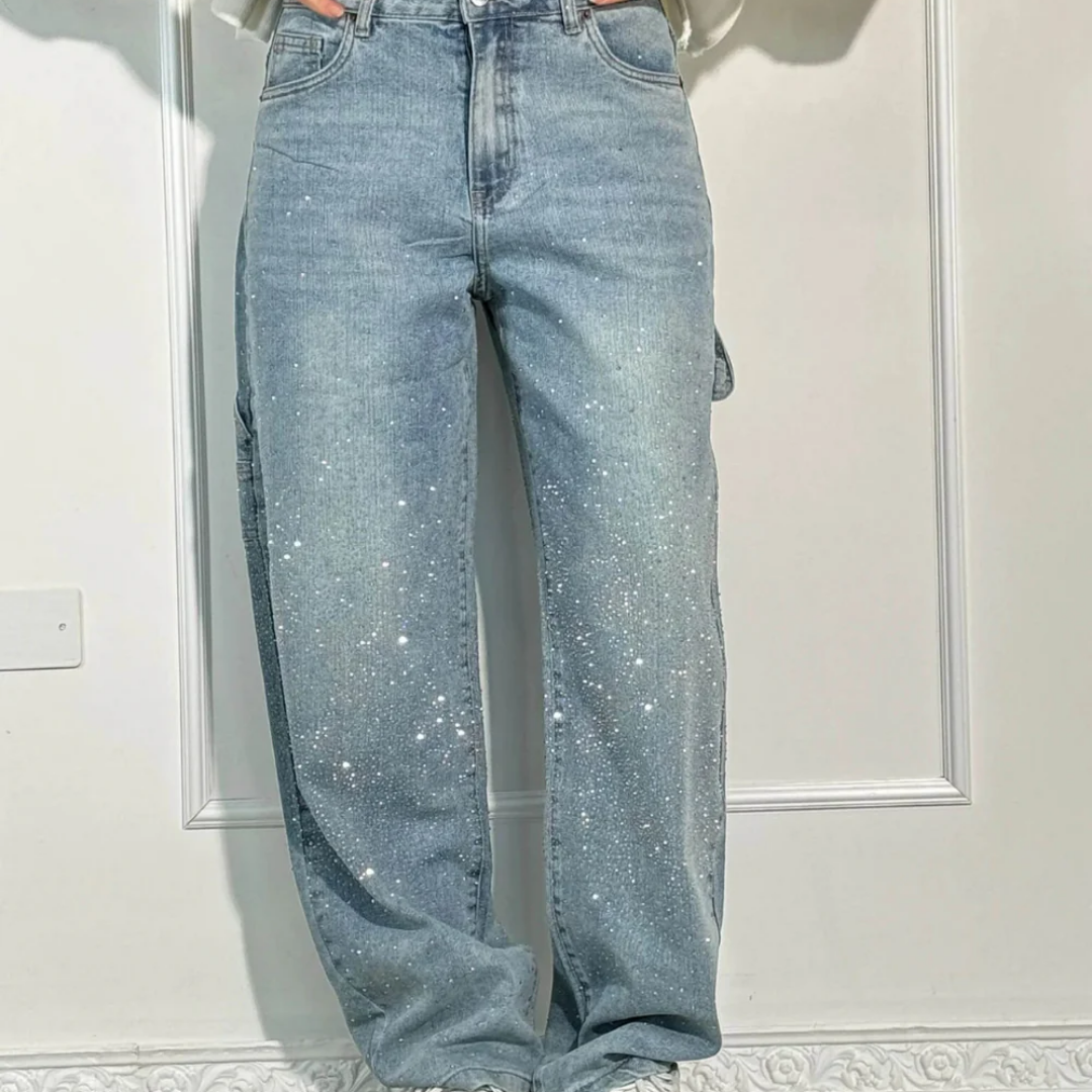 Rhinestone Embellished High Waist Wide Leg Jeans 4