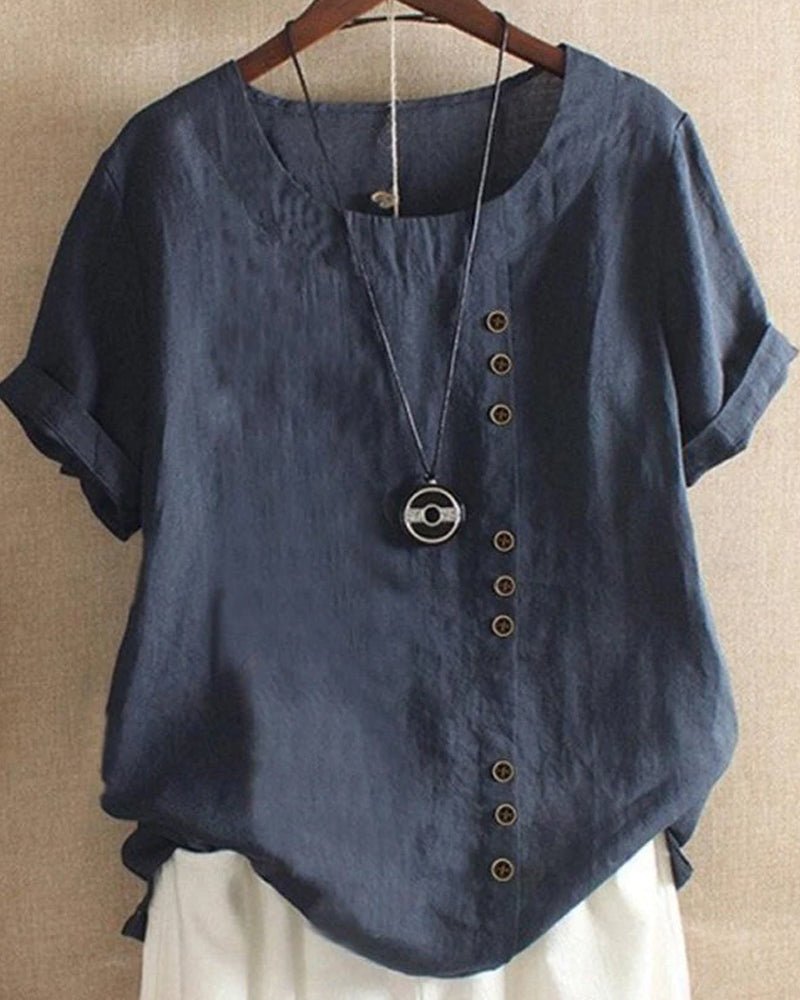 Button Front Round Neck Short Sleeve Blouse 4