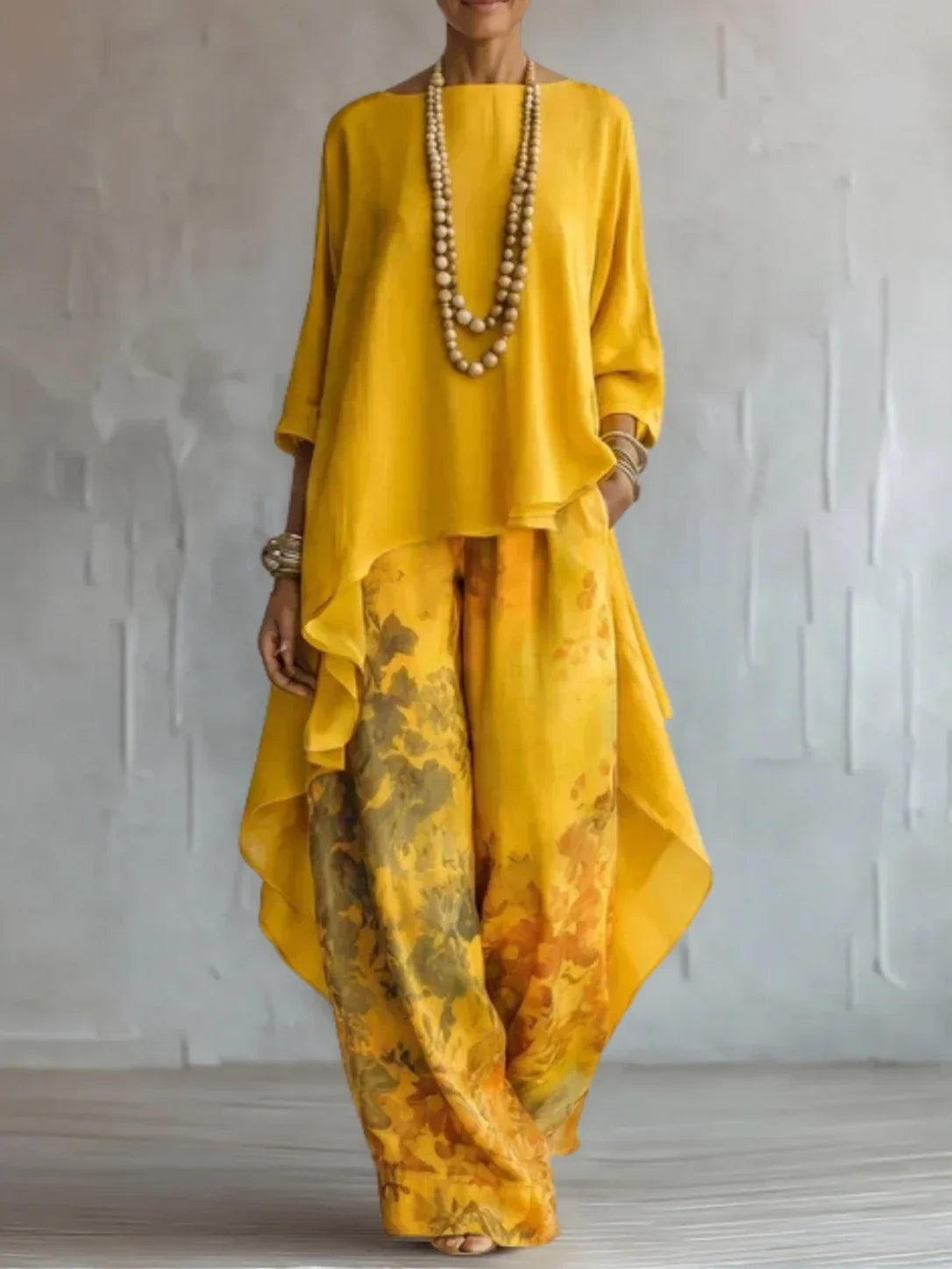 Boat Neck High Low Top and Floral Wide Leg Pants Two Piece Set 4