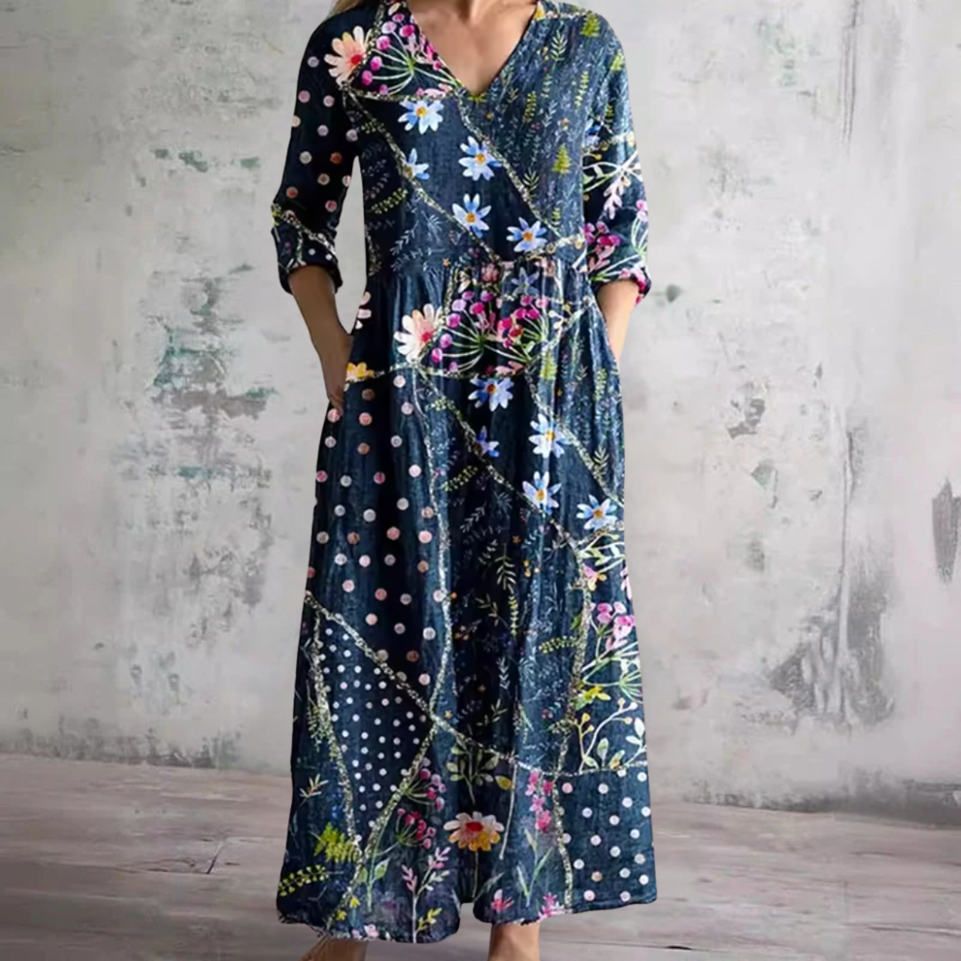 Floral Polka Dot V-Neck Long Sleeve Maxi Dress