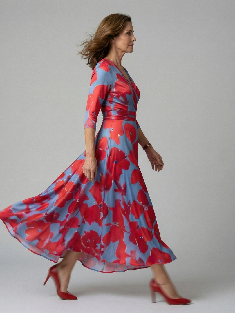 Floral Print Wrap V-Neck Three Quarter Sleeve Maxi Dress 2