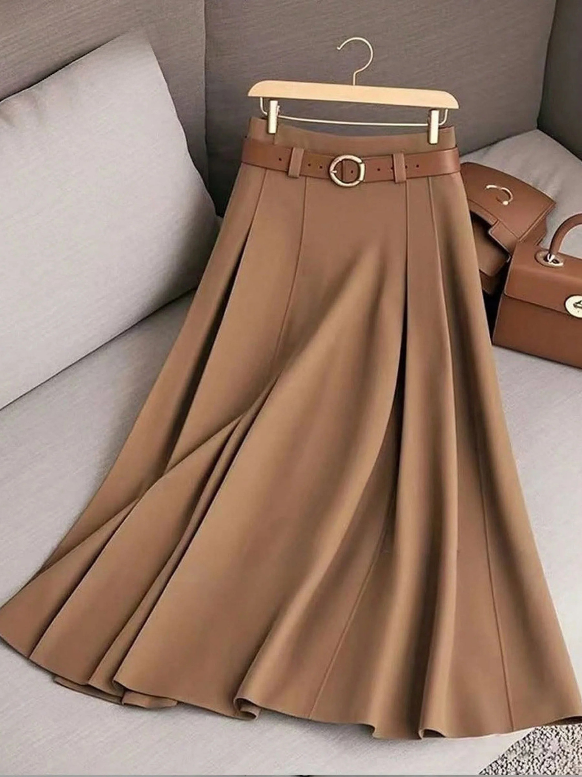 High Waist Belted Pleated A-Line Midi Skirt