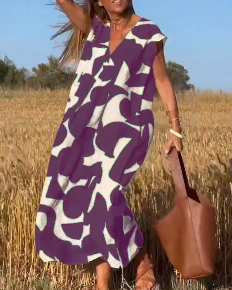 Abstract Print V-Neck Cap Sleeve Oversized Maxi Dress 17