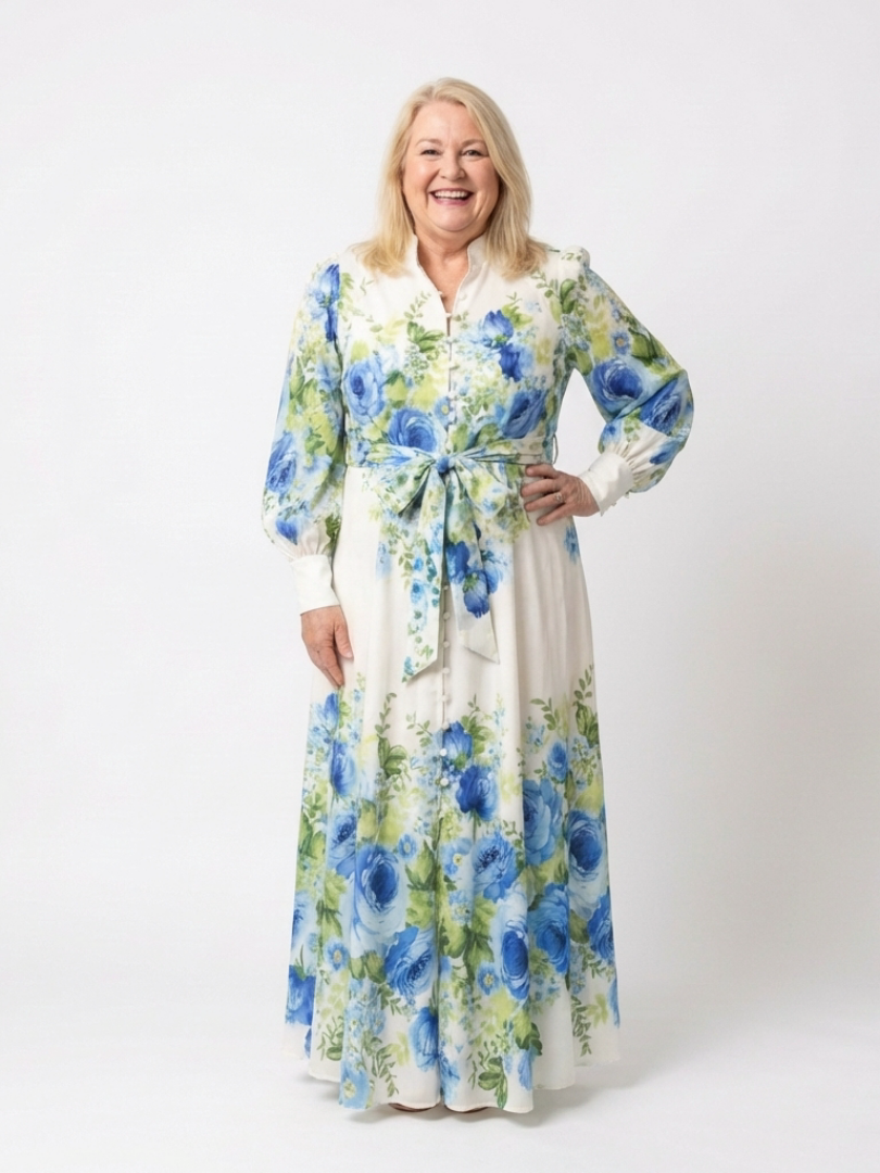 Floral Band Collar Long Sleeve Button Front Belted Maxi Dress 3