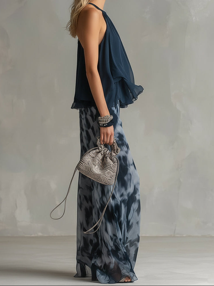 Halter Neck Ruffle Top and Tie Dye Wide Leg Pants Two Piece Set 3