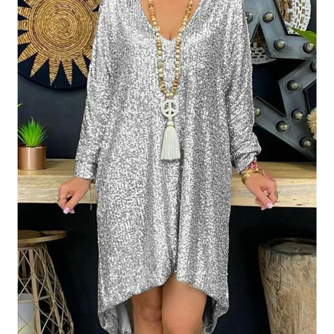 Sequin V-Neck Long Sleeve Shift Mini Dress - View 3