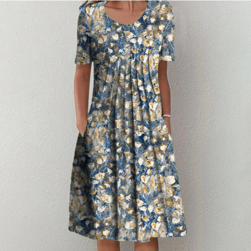 Short Sleeve Scoop Neck Gathered Bodice Pocket A-Line Midi Dress - View 3