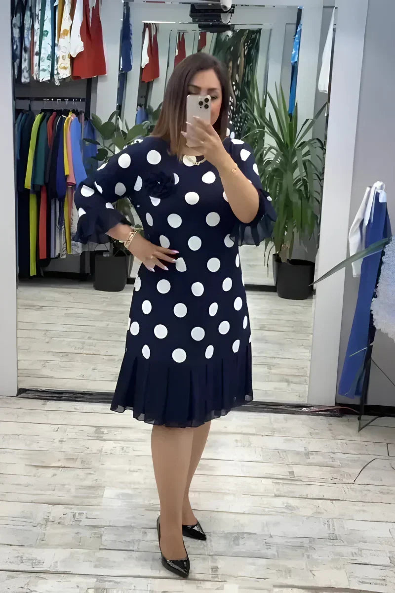 Polka Dot Round Neck Flounce Sleeve Pleated Hem Midi Dress 3