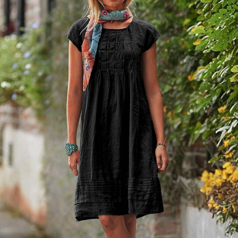 Short Sleeve Pintuck Gathered Front Tiered Band Hem Knee Dress - View 2