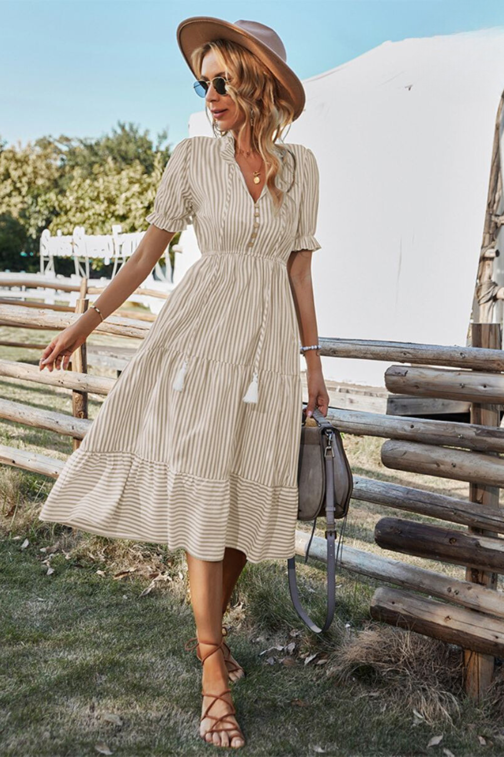 Stripe Print Tiered Drawstring Waist Puff Sleeve Midi Dress - View 3