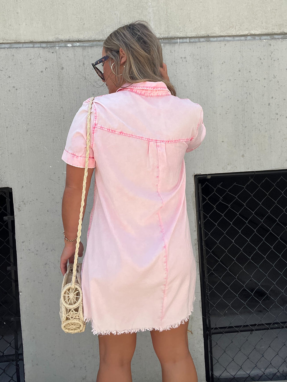 Collared Short Sleeve Button Placket Frayed Hem Mini Dress 4