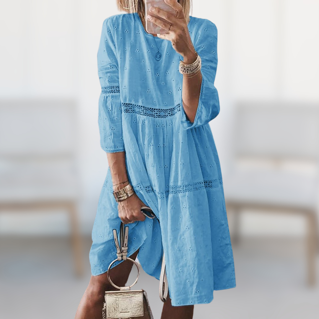 Eyelet Embroidered Lace Trim Tiered 3/4 Sleeve Mini Dress - View 2