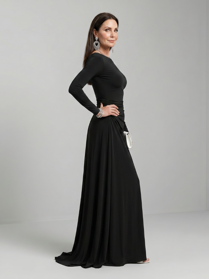 Boat Neck Long Sleeve Ruched High Split Maxi Gown 2