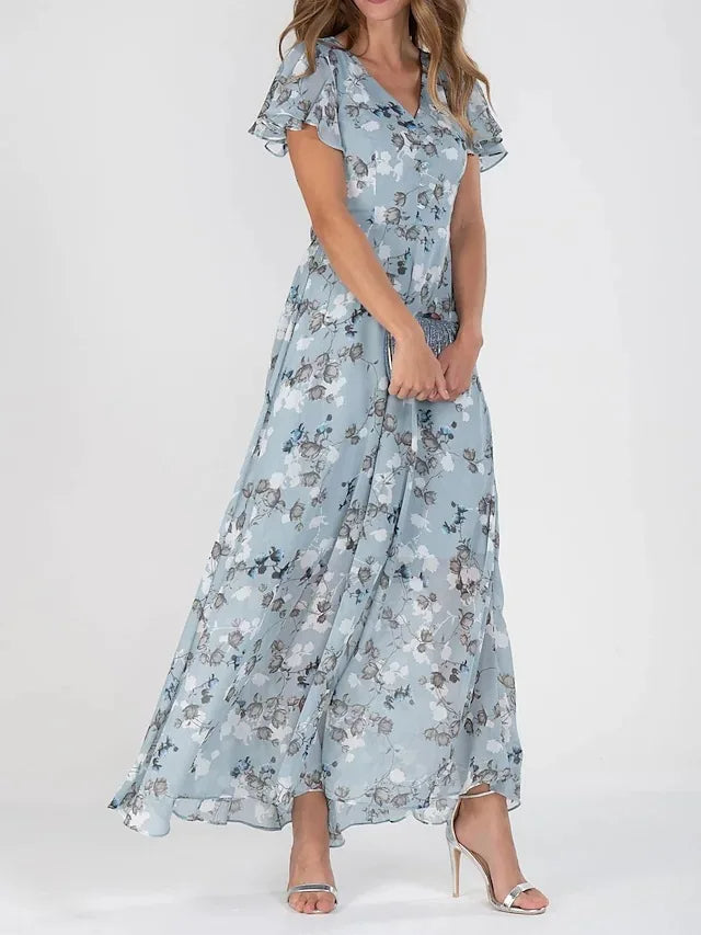 Floral V-Neck Flutter Sleeve High Low Maxi Dress 3