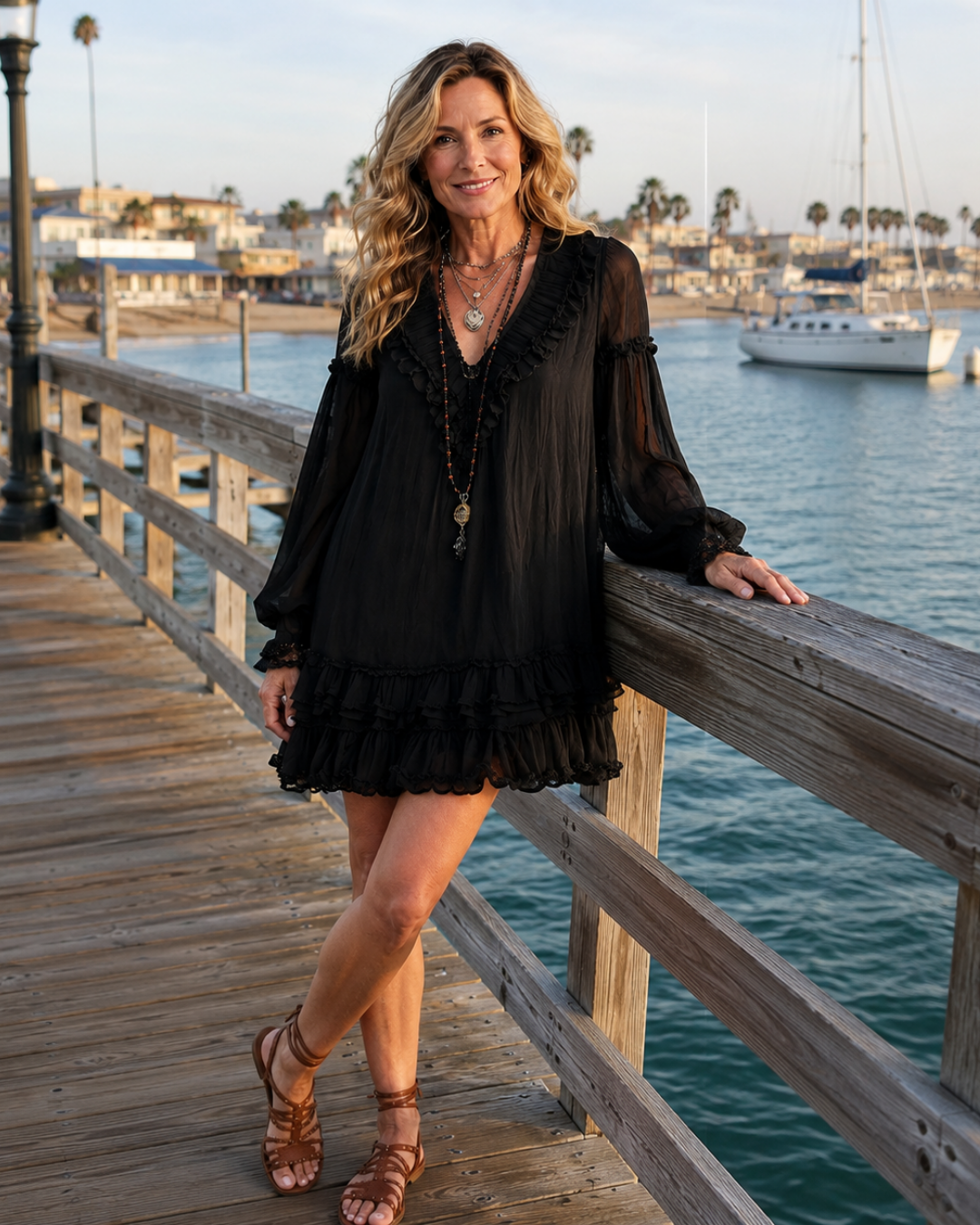 Deep V-Neck Long Sleeve Tiered Ruffle Mini Dress 3