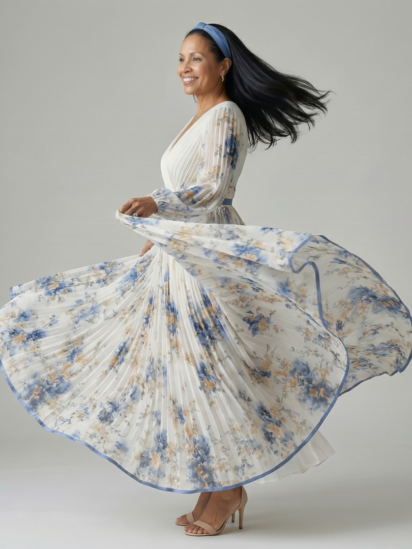 Floral V-Neck Long Sleeve Pleated Belted Maxi Dress 3