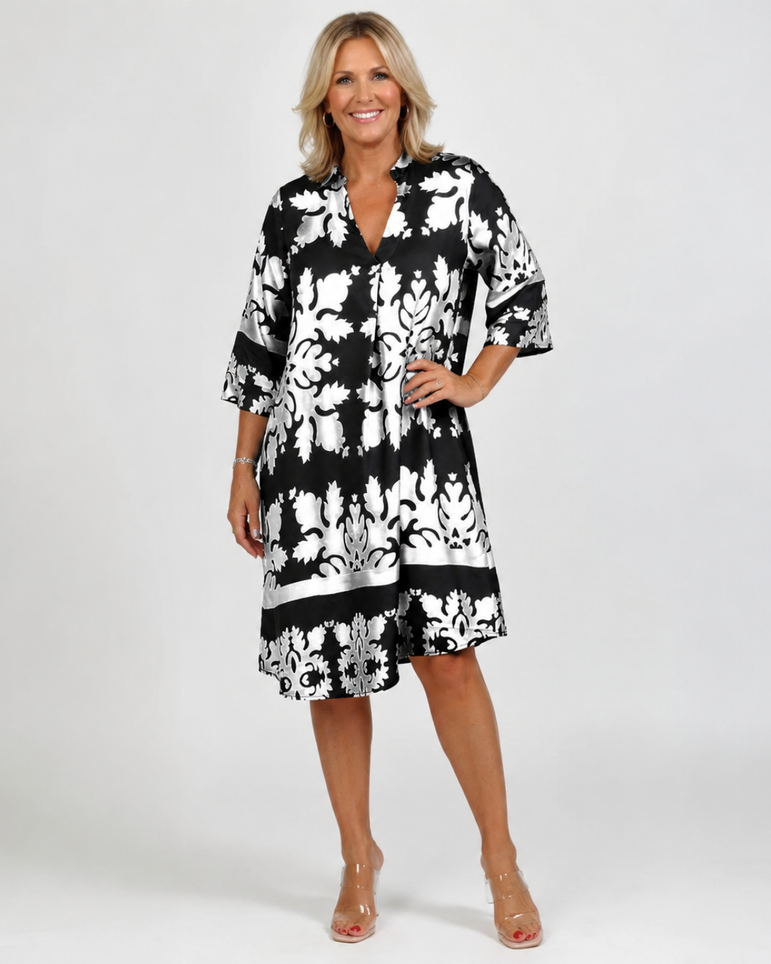 Damask Print Split Neck Three Quarter Sleeve A-Line Dress