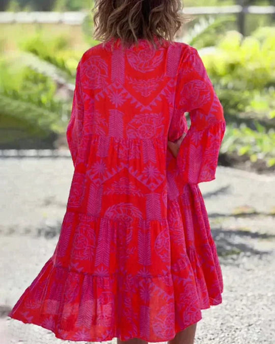 Geometric Print Notched V-Neck Bell Sleeve Tiered Midi Dress - View 2