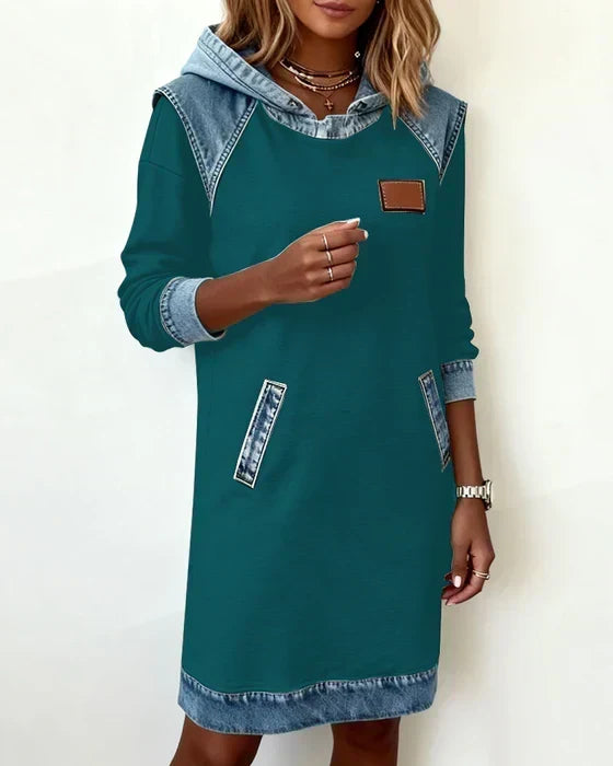 Hooded Denim Contrast Long Sleeve Sweatshirt Dress 9
