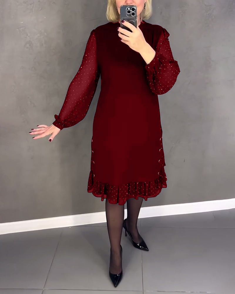 Round Neck Sheer Dot Sleeve Ruffle Hem Shift Midi Dress 8
