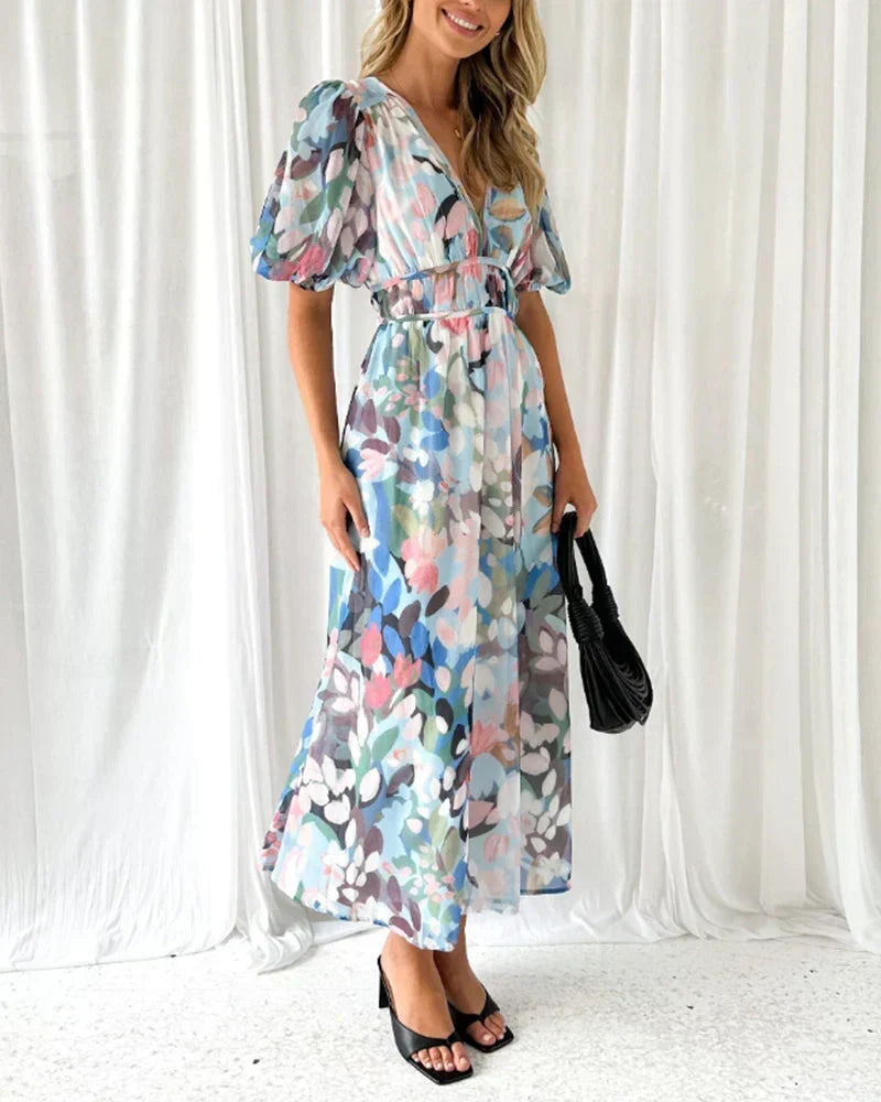 Floral Print V-Neck Long Sleeve Belted Maxi Dress 9