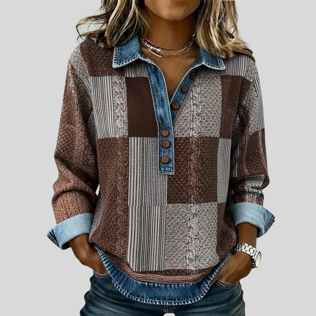 Patchwork Plaid Collared Quarter Button Long Sleeve Knit Pullover 3