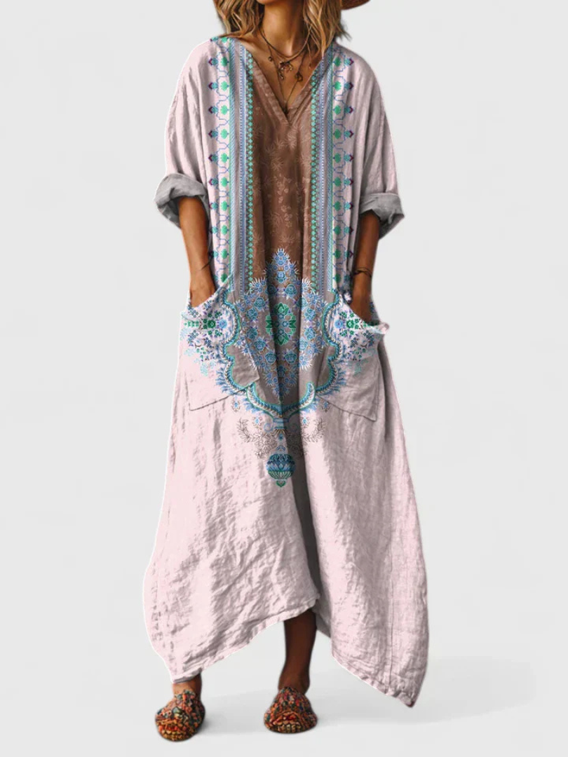 Abstract Print V-Neck Roll Sleeve Kaftan Maxi Dress 3