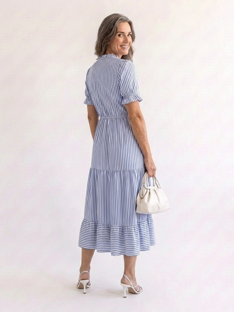Striped Short Sleeve Button Front Tiered Midi Shirt Dress 3