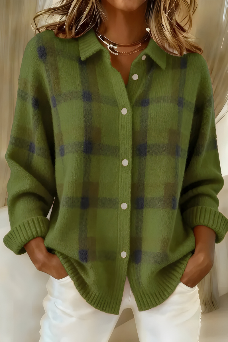 Plaid Collared Button Front Long Sleeve Knit Cardigan 9
