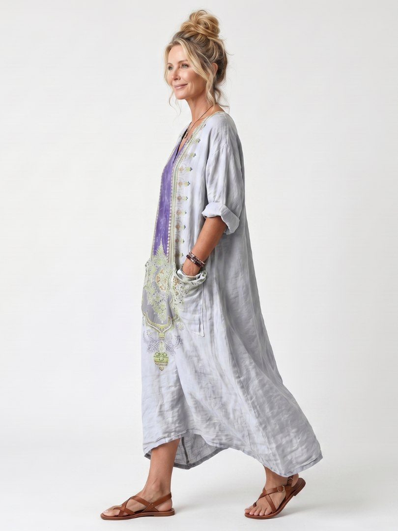 Border Print V-Neck Long Sleeve Pocket Maxi Dress 2