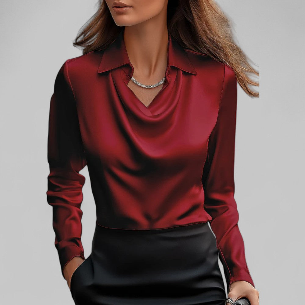 Draped Cowl Neck Long Sleeve Satin Blouse 8