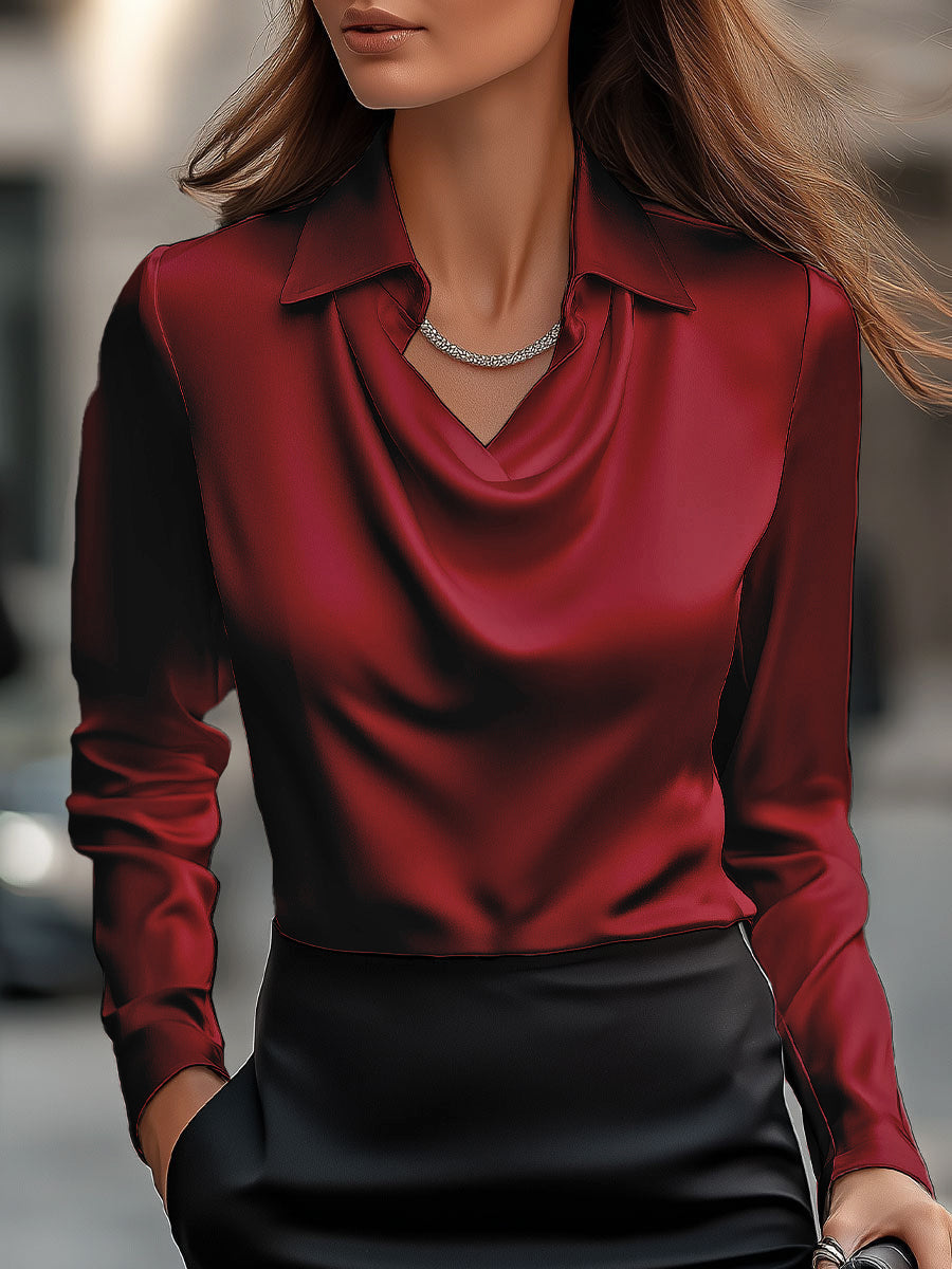 Satin Cowl Neck Collared Long Sleeve Blouse 9