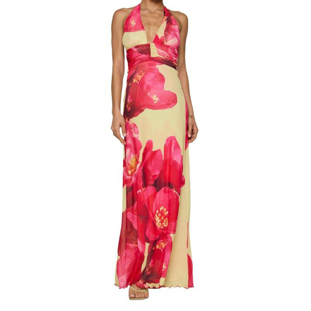 Floral Halter Neck Deep V-Neck Ruched Maxi Dress 3