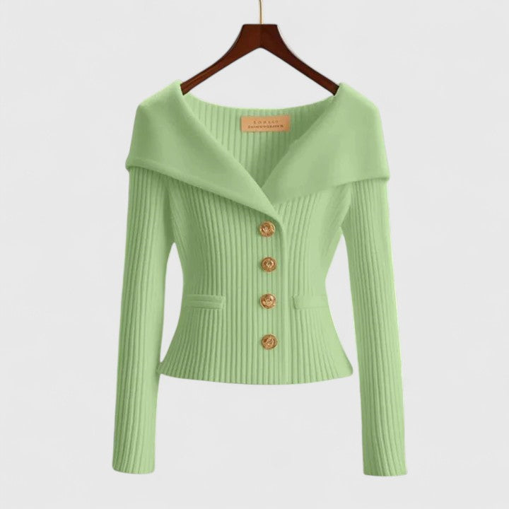 Portrait Collar Button Front Ribbed Knit Sweater 4