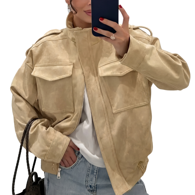 Stand Collar Flap Pocket Zip Front Suede Look Bomber Jacket