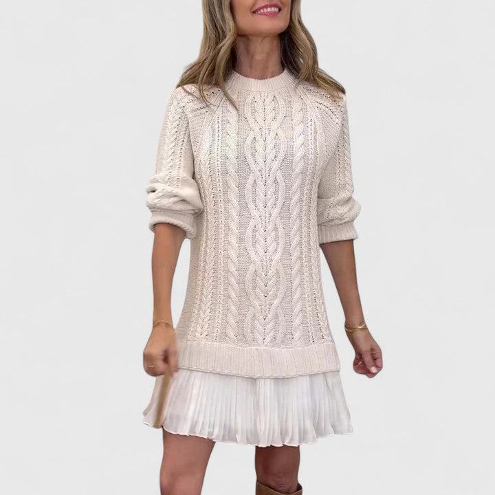 Crew Neck Long Sleeve Cable Knit Pleated Hem Sweater Dress