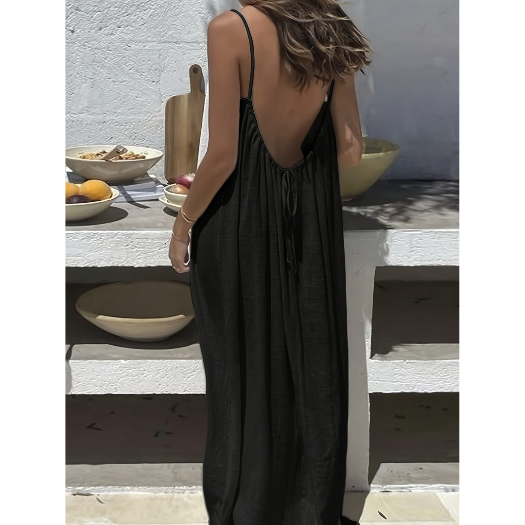 Backless Spaghetti Strap Tie Back Linen Look Maxi Dress 3