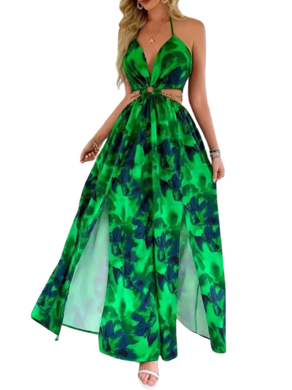 Tropical Floral Deep V-Neck Chain Waist High Split Maxi Dress 5