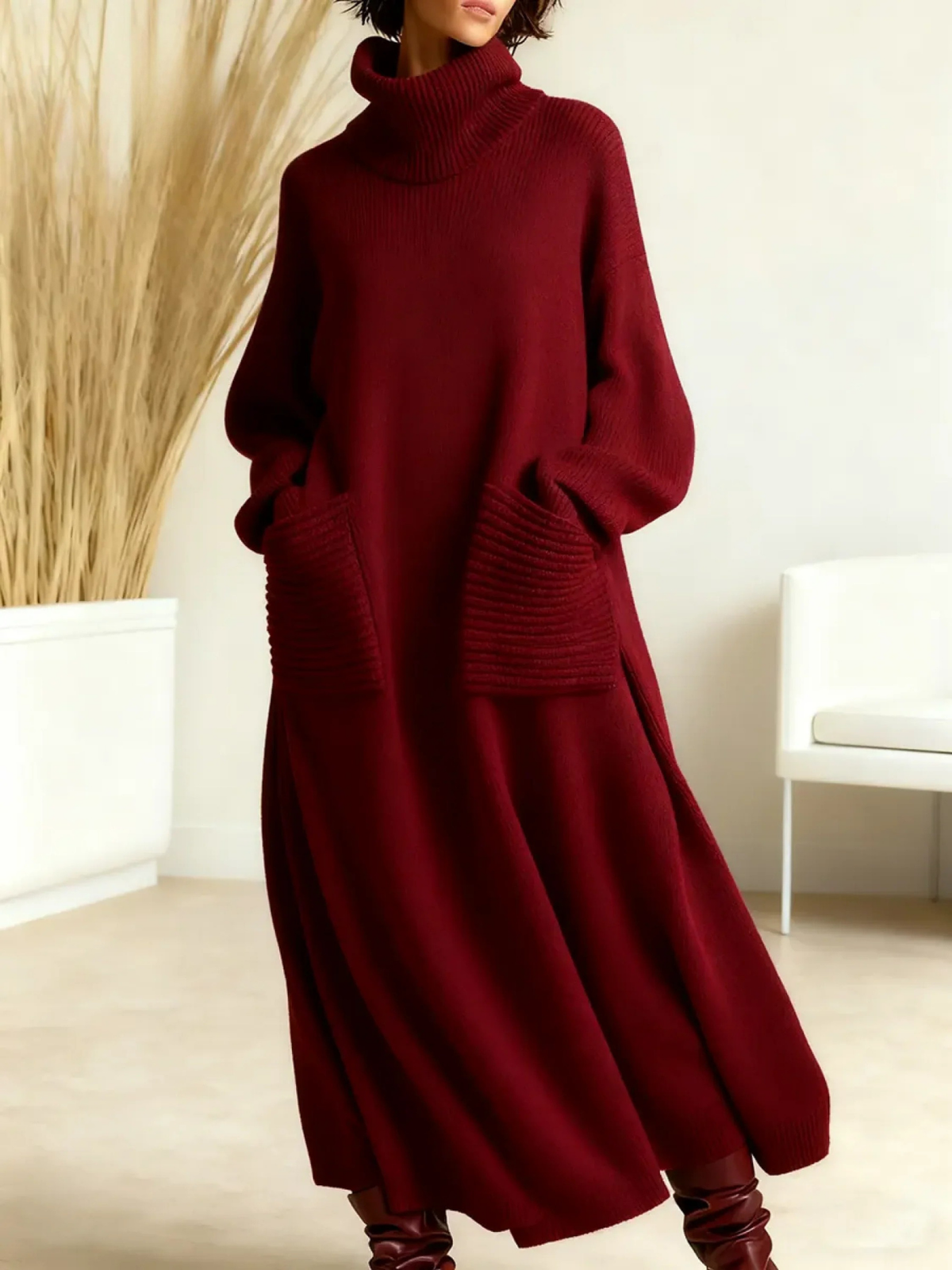 Turtleneck Pocket Knit Maxi Sweater Dress 3