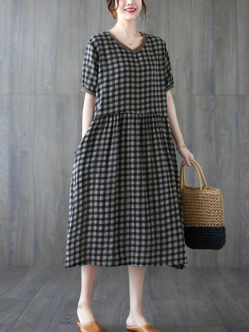 Gingham V-Neck Short Sleeve Drop Waist Pocket A-Line Midi Dress - View 4