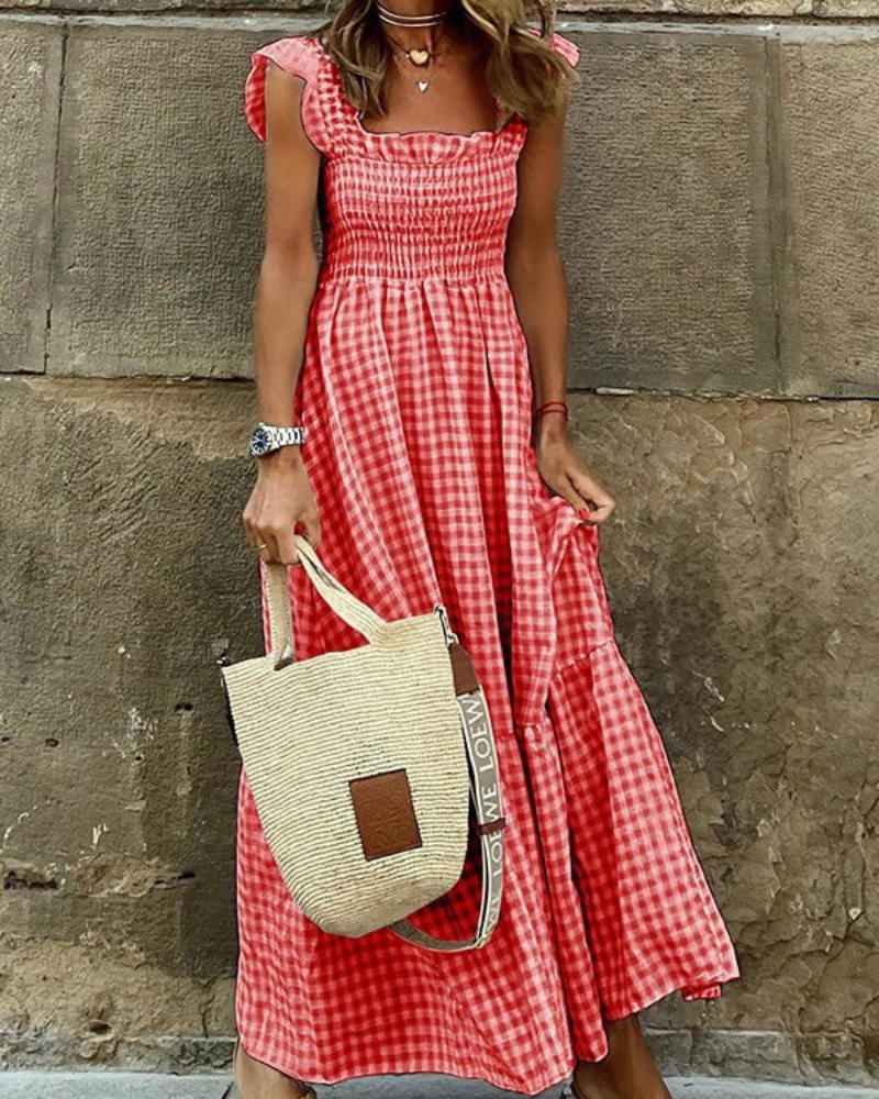 Gingham Smocked Square Neck Tiered Ruffle Cap Sleeve Maxi Dress - View 2