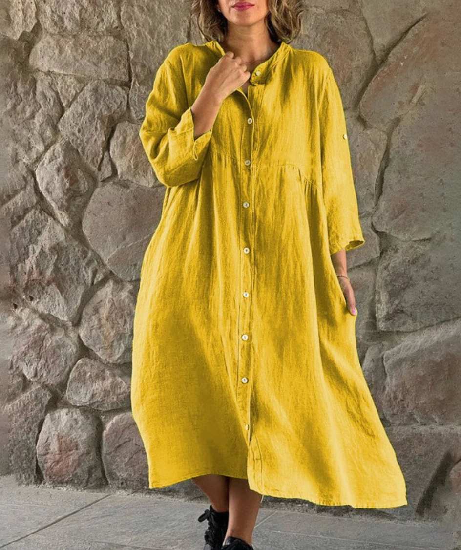 Button Down Three Quarter Sleeve Roll Tab Midi Shirt Dress - View 3