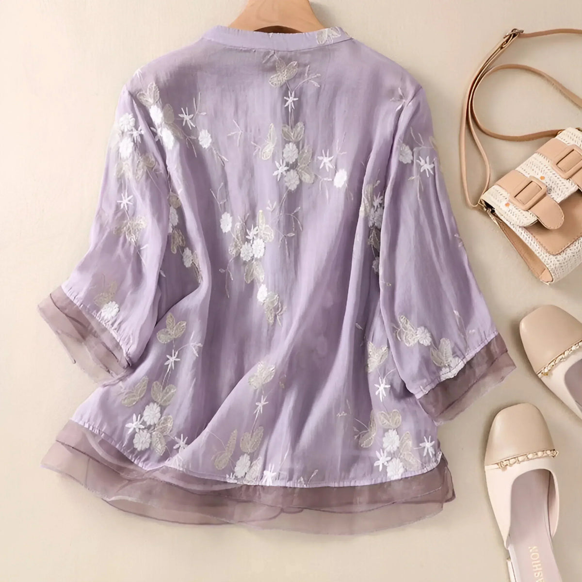 Stand Collar Floral Embroidered Sheer Button Front Blouse 2