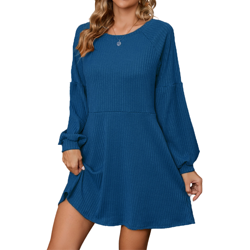 Ribbed Crew Neck Long Sleeve Fit and Flare Mini Dress 3