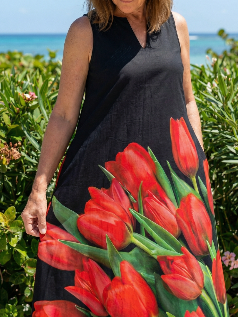 Notch Neck Sleeveless Tulip Print Maxi Dress 3