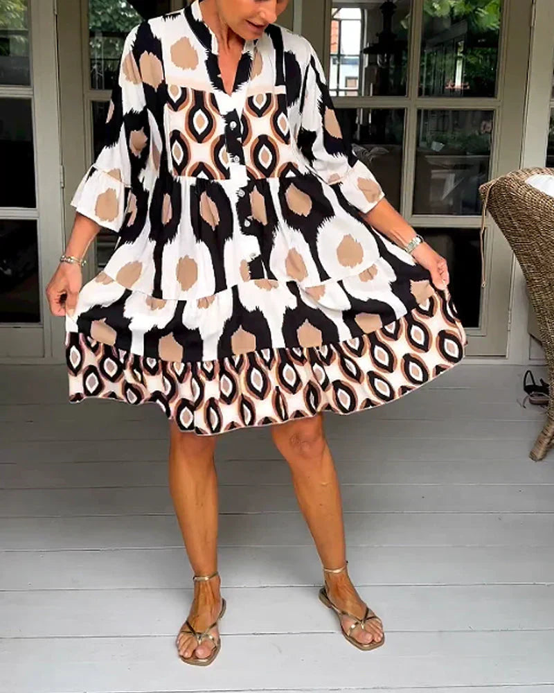 Abstract Geometric Print V-Neck Button Front Tiered Midi Dress - View 4