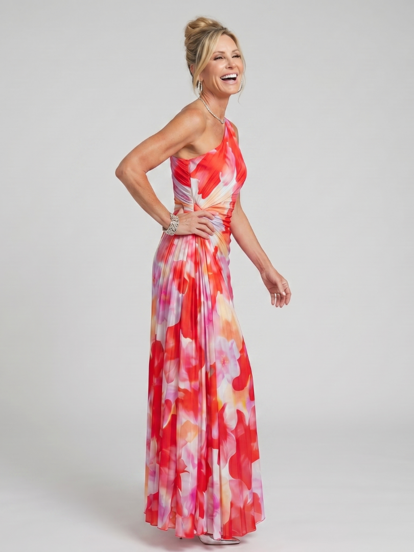 Floral One Shoulder Ruched Pleated Maxi Dress 2