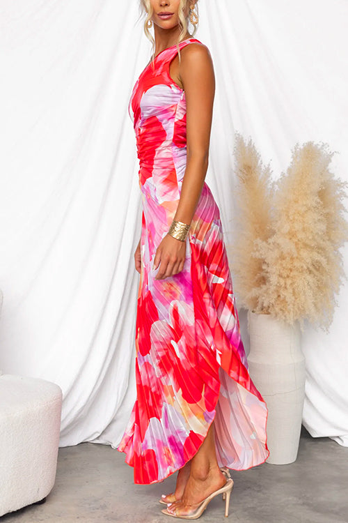Floral Print One Shoulder Pleated Maxi Dress 4