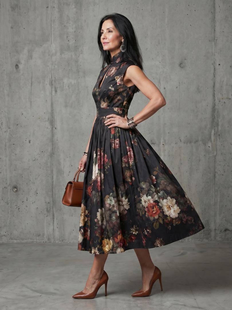 Floral Print Mock Neck Keyhole Sleeveless Belted Midi Dress 2