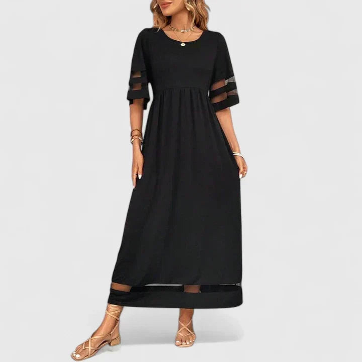 Round Neck Half Sleeve Sheer Stripe Gathered Waist Midi Dress 5